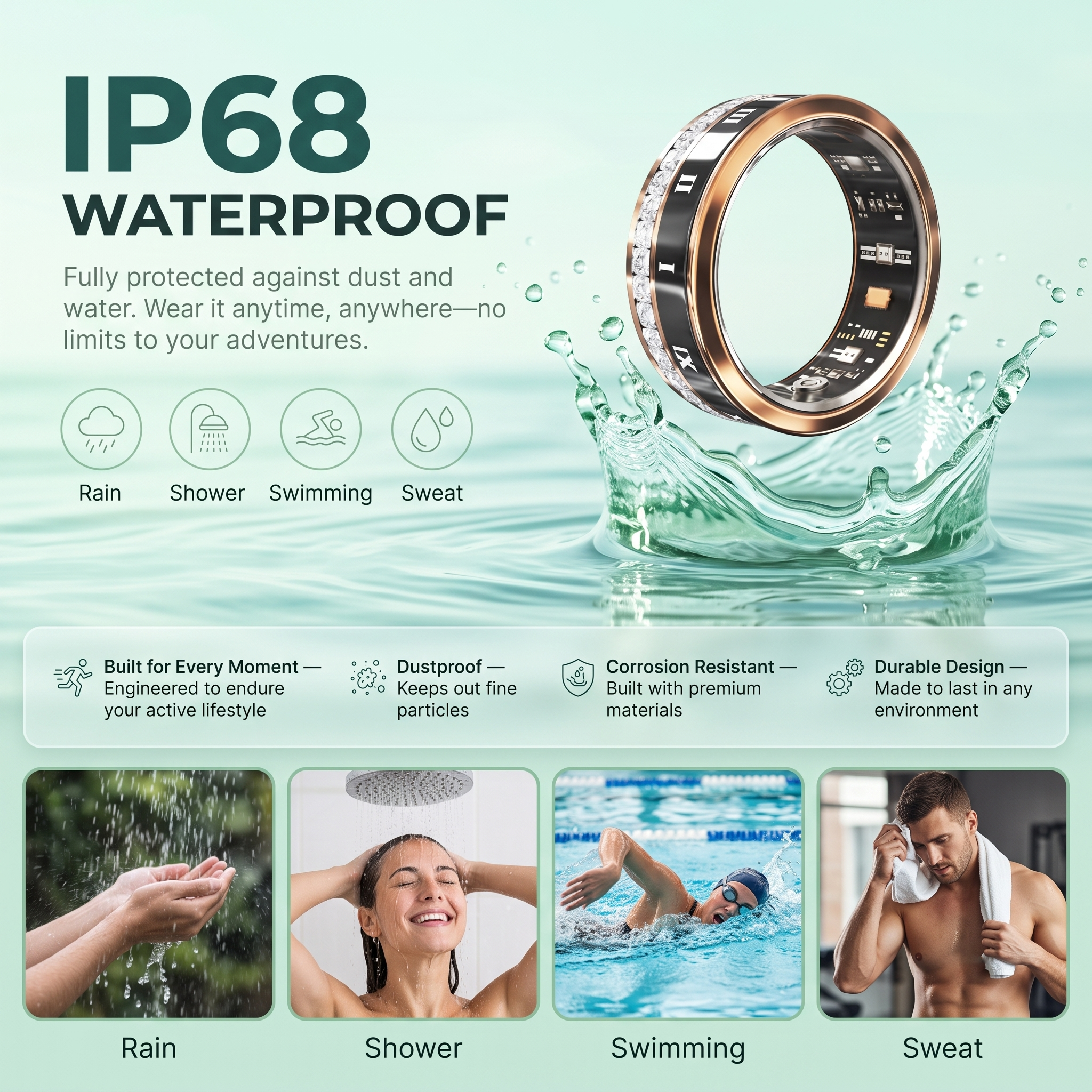 Crystal Luna Smart Ring IP68 Waterproof Sleep and Fitness Tracker Rings - V02