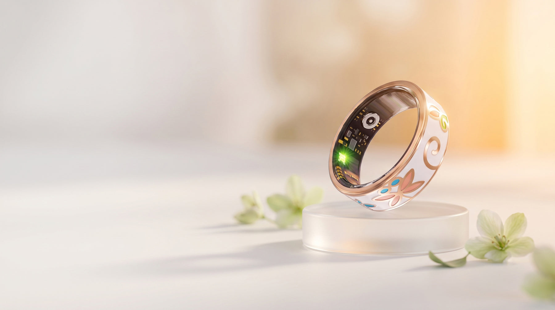 A Luna smart ring in white enamel with rose gold dragonfly and floral artwork, balanced on a frosted glass disc beside pale blossom.
